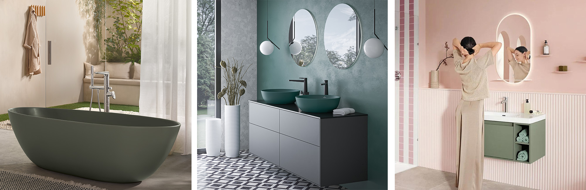 galleria di immagine dei prodotti bagno Villeroy & Boch: vasca da bagno con rubinetteria nera, vasca e lavandino bianco, specchio e mobile lavandino sospeso